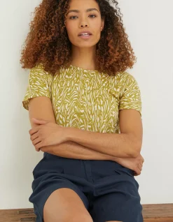 FatFace Tie Back Paint Linen T-Shirt Light Olive Clearance