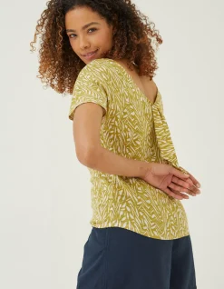 FatFace Tie Back Paint Linen T-Shirt Light Olive Clearance