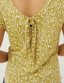 FatFace Tie Back Paint Linen T-Shirt Light Olive Clearance