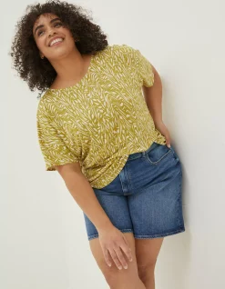 FatFace Tie Back Paint Linen T-Shirt Light Olive Clearance