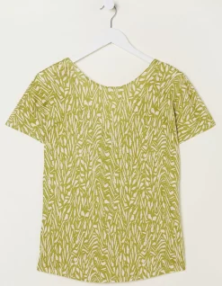 FatFace Tie Back Paint Linen T-Shirt Light Olive Clearance