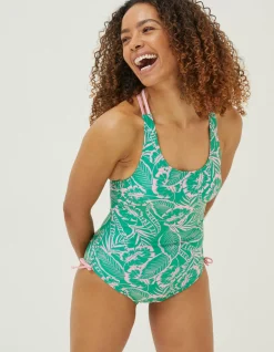 FatFace Tummy Control Tropical Leaves Swimsuit Bright Green Clearance