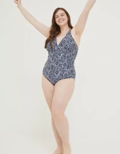 FatFace Tummy Control Watercolour Batik Swimsuit Navy Hot