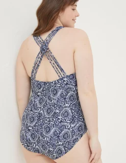 FatFace Tummy Control Watercolour Batik Swimsuit Navy Hot