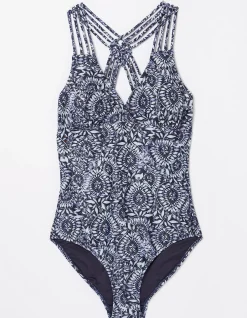 FatFace Tummy Control Watercolour Batik Swimsuit Navy Hot