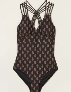 FatFace Tummy Control Woodblock Swimsuit Black Outlet