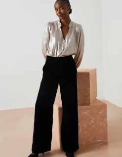 FatFace Wide Leg Velvet Trousers Black Outlet