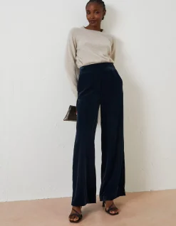FatFace Wide Leg Velvet Trousers Dark Navy Outlet